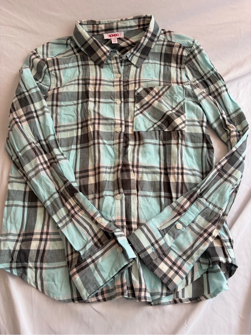 BONGO Mint and Gray Plaid Girls' Button-Down Shirt